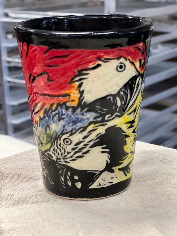 One-of-a-Kind Hand-Drawn Sgrafitto Macaw Mug